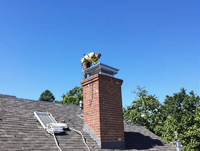 Groton Chimney Sweep technician measuring a chimney cap in Groton, CT