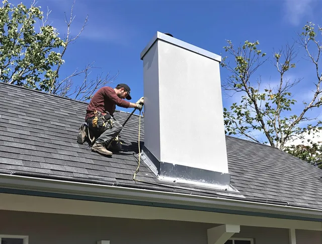 Groton Chimney Sweep team member finishing chimney construction in Groton, CT